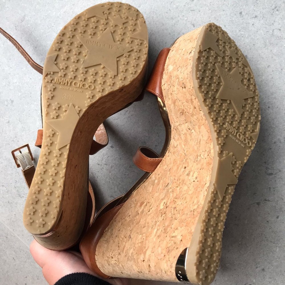 EUC Jimmy Choo Portia Crisscross Cork Wedge Canyon tan leather - Picture 12 of 12